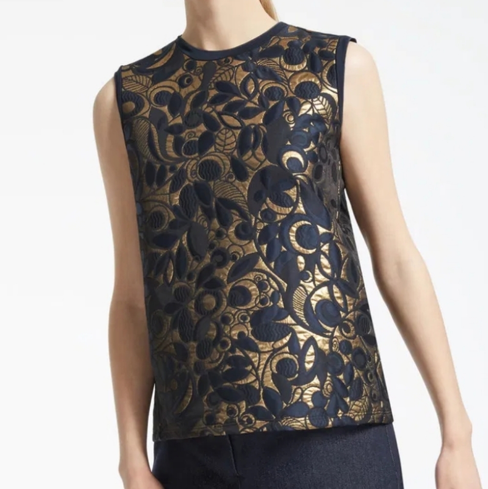 MaxMara Navy and Gold Floral Jacquard Shell Top